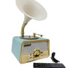 A retro-style tabletop gramophone with a light blue body, cream horn, and gold-tone details, shown with a black remote control and power cord on a plain white background.