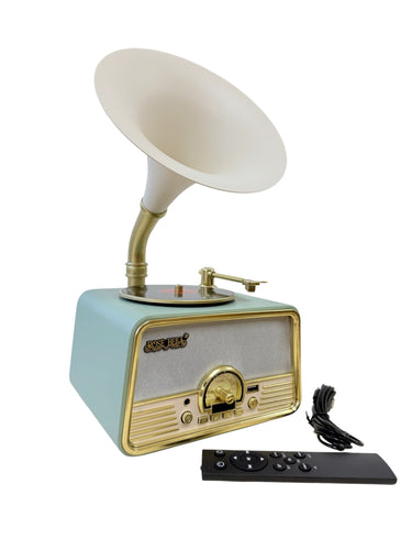 A retro-style tabletop gramophone with a light blue body, cream horn, and gold-tone details, shown with a black remote control and power cord on a plain white background.