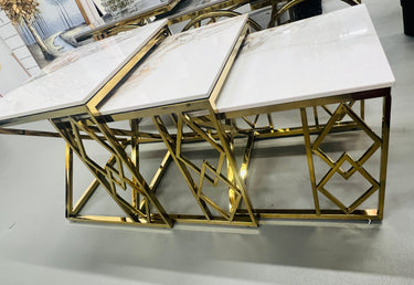 Set of tables with marble tops and gold metal frames