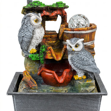 Dual Owl & Wooden Bucket Water Fountain